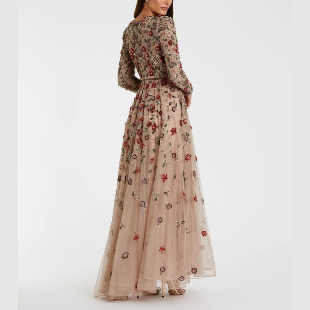 Mac Duggal 5533 Size 8 Beige Red Floral Long Sleeve Beaded Tulle Maxi Dress Gown - Picture 7 of 7